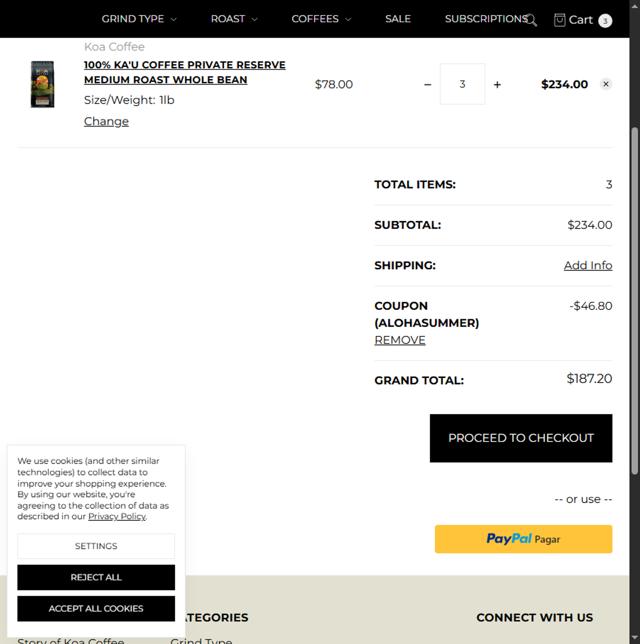 Koa Coffee checkout page showing Koa Coffee promo code box | Screenshot taken by SimplyCodes community member on Jul 29, 2025
