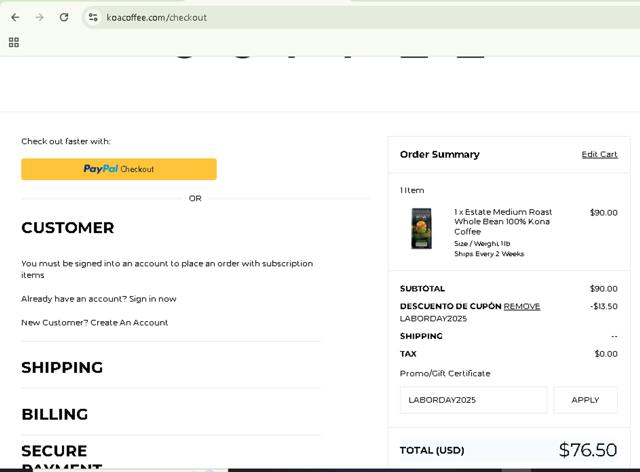 Koa Coffee checkout page showing Koa Coffee promo code box | Screenshot taken by SimplyCodes community member on Aug 27, 2025