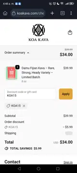Koa Kava coupon verification screenshot