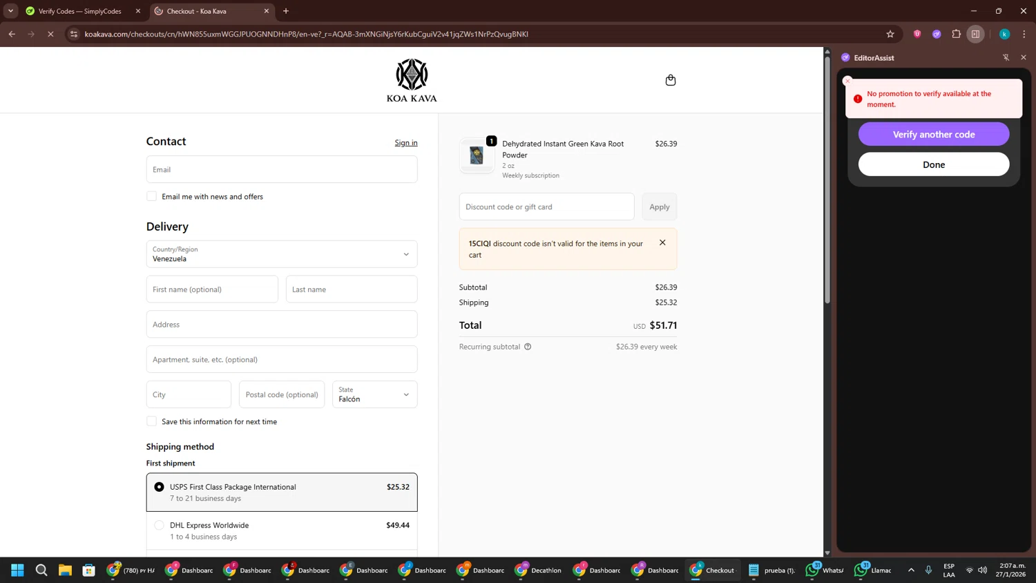 Koa Kava promo code screenshot showing code 15CIQI applied at Koa Kava checkout page. Uploaded by SimplyCodes community member RewardKnight9989 on Jan 27, 2026