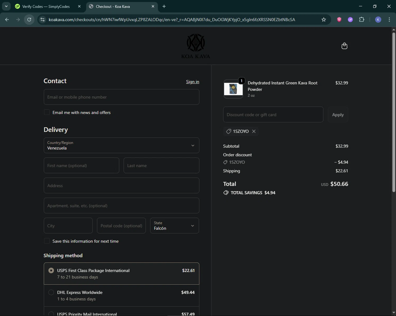 Koa Kava promo code screenshot showing code 15ZOYO applied at Koa Kava checkout page. Uploaded by SimplyCodes community member KevLapage on Jan 17, 2026