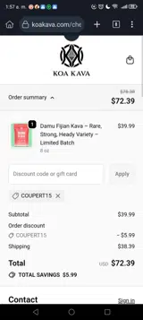 Koa Kava coupon verification screenshot