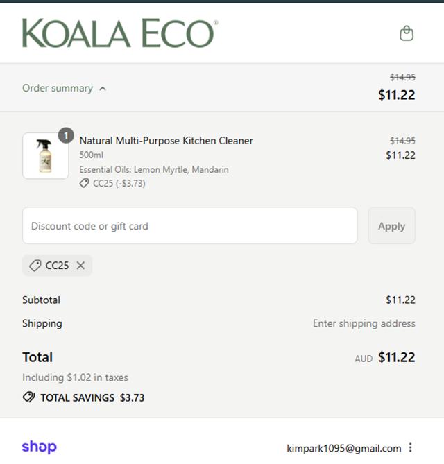 Koala Eco AU checkout page showing Koala Eco AU promo code box | Screenshot taken by SimplyCodes community member on Sep 14, 2025