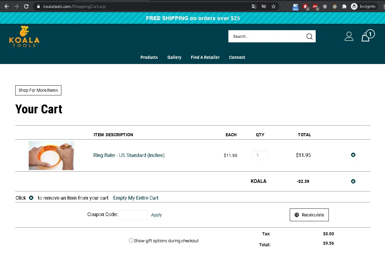 Koala Tools checkout page showing Koala Tools promo code box | Screenshot taken by SimplyCodes community member on Apr 26, 2021