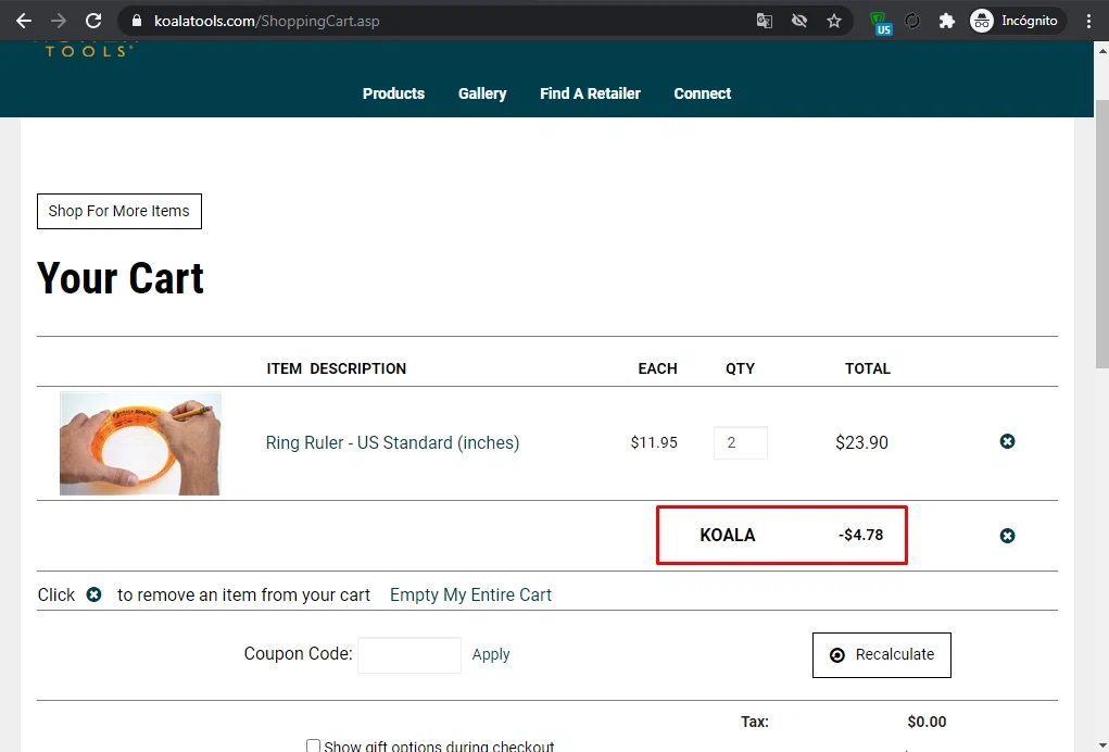 Koala Tools checkout page showing Koala Tools promo code box | Screenshot taken by SimplyCodes community member on Feb 19, 2021