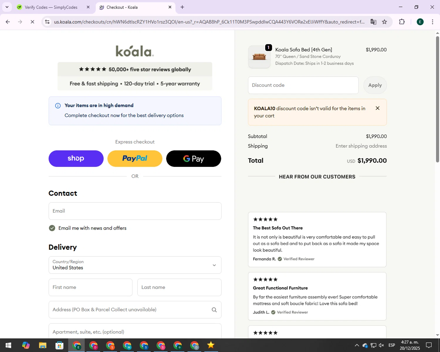 Koala US promo code screenshot showing code KOALA10 applied at Koala US checkout page. Uploaded by SimplyCodes community member 00000006 on Dec 20, 2025