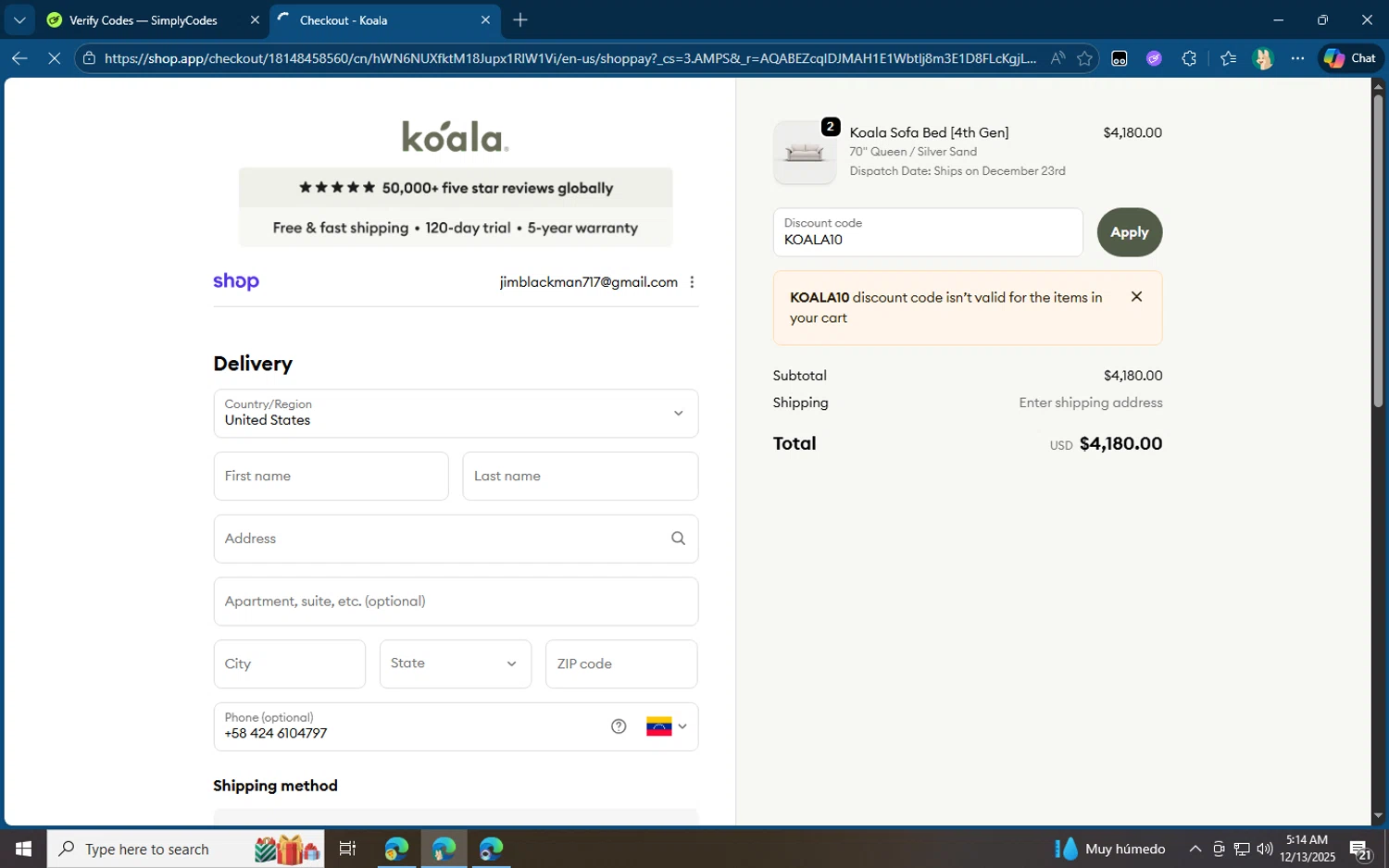Koala US promo code screenshot showing code KOALA10 applied at Koala US checkout page. Uploaded by SimplyCodes community member jvllsk3 on Dec 13, 2025