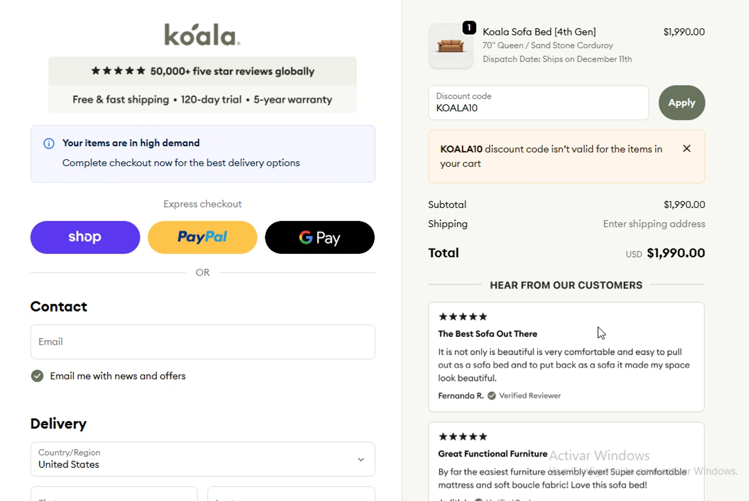 Koala US promo code screenshot showing code KOALA10 applied at Koala US checkout page. Uploaded by SimplyCodes community member ligthYA on Dec 7, 2025
