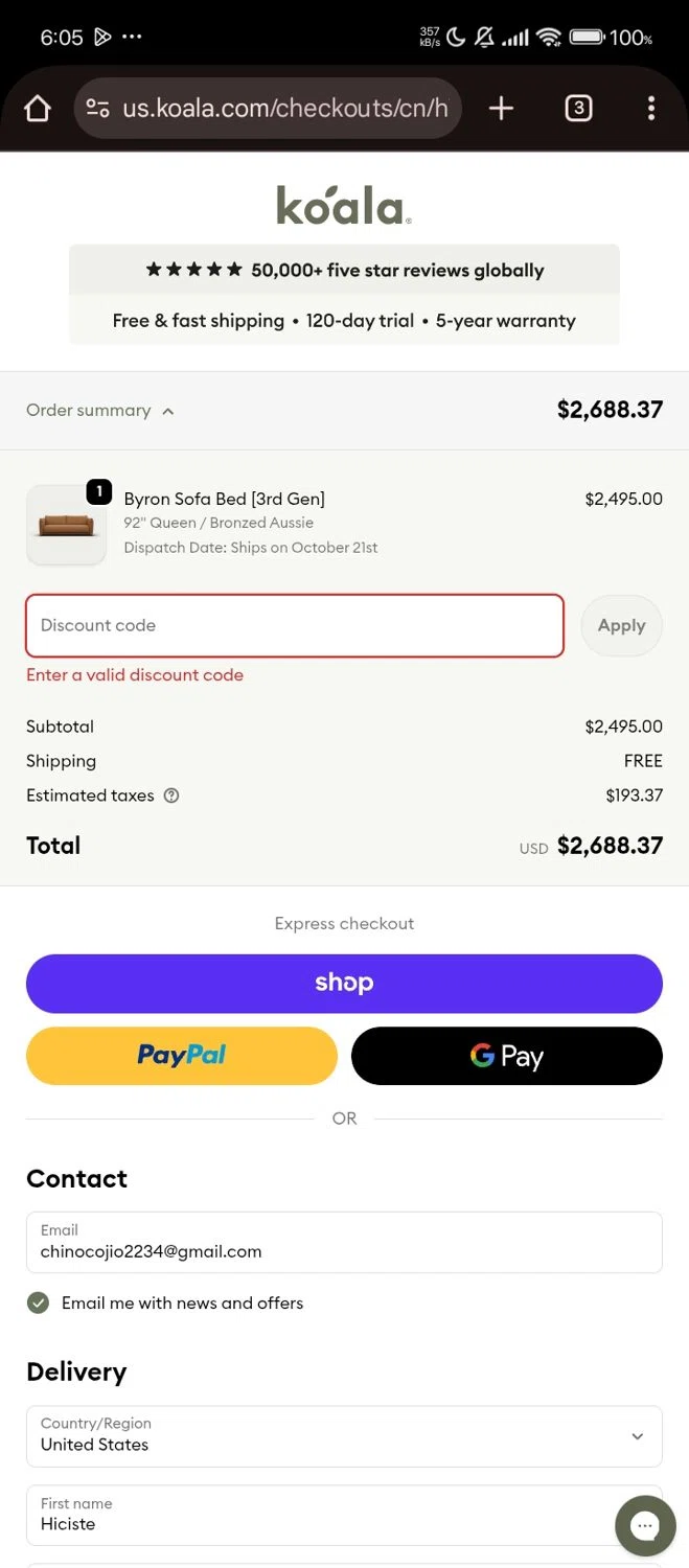 Koala US promo code screenshot showing code REALITYHITS applied at Koala US checkout page. Uploaded by SimplyCodes community member Bjhfuhdf on Oct 1, 2025