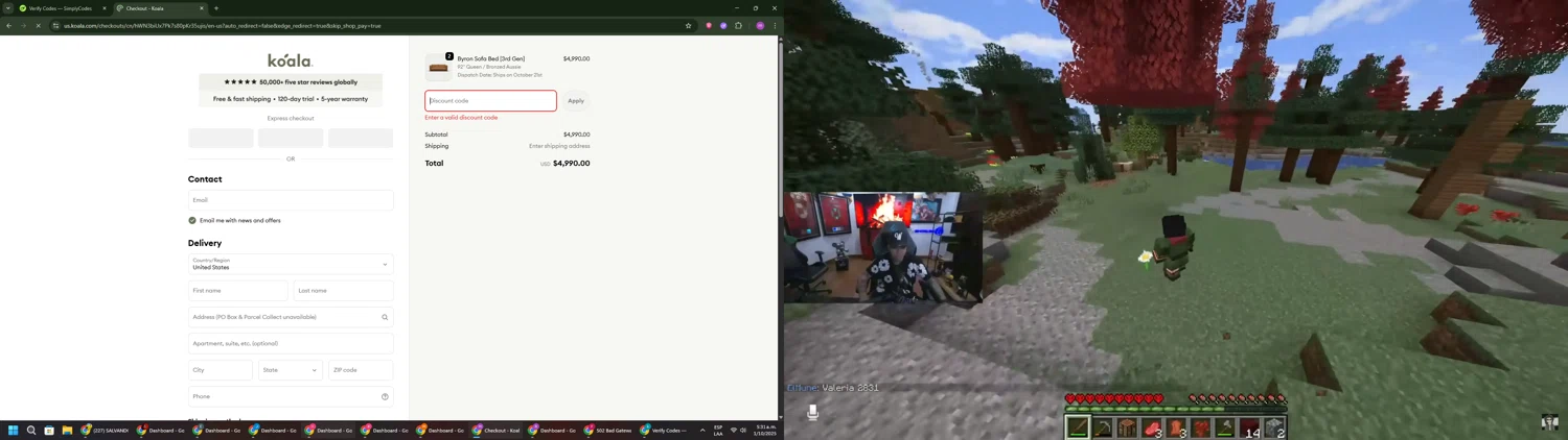 Koala US promo code screenshot showing code REALITYHITS applied at Koala US checkout page. Uploaded by SimplyCodes community member PennyWizard1195 on Oct 1, 2025
