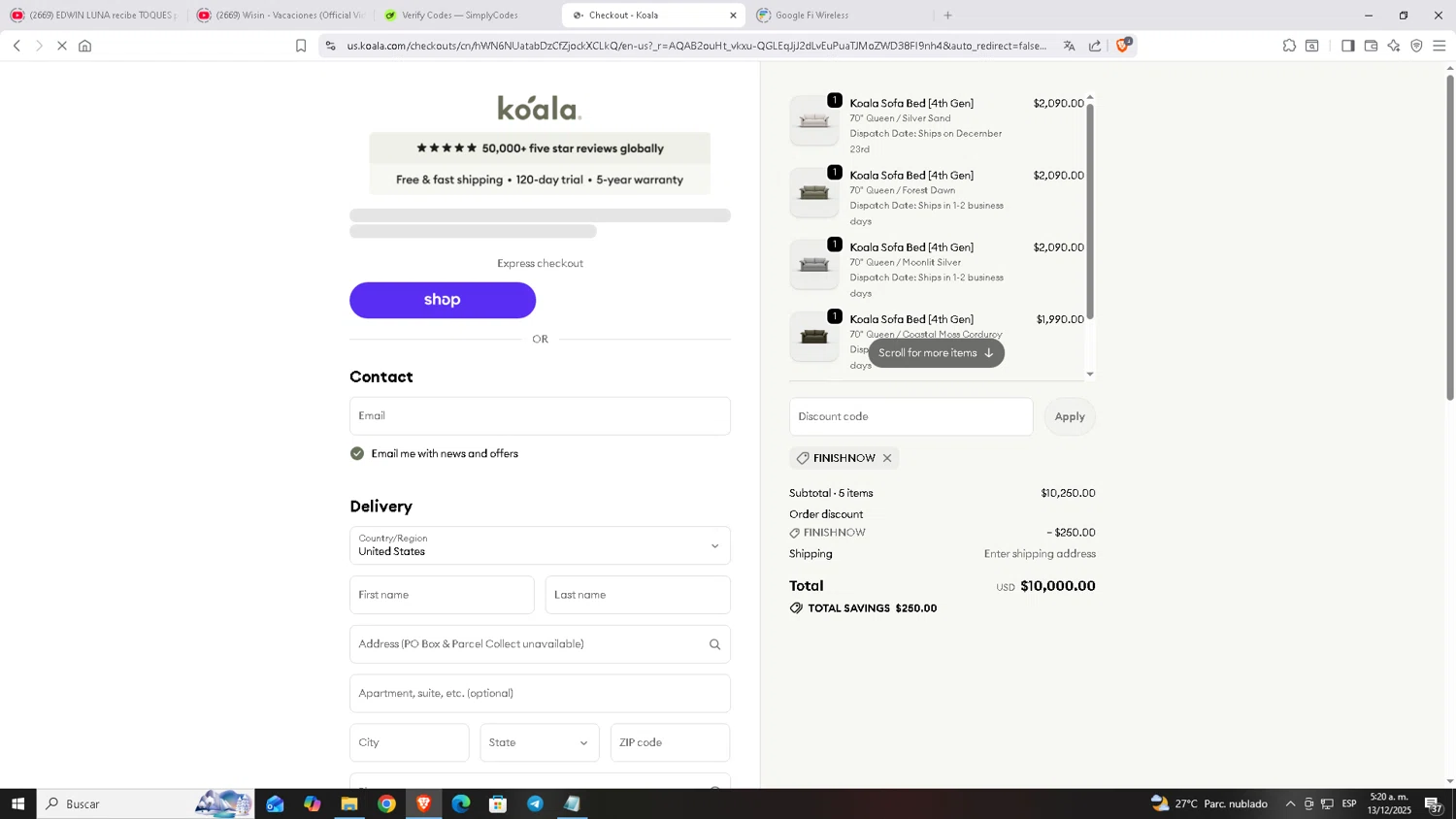 Koala US promo code screenshot showing code FINISHNOW applied at Koala US checkout page. Uploaded by SimplyCodes community member Carloscoder_900457733 on Dec 13, 2025