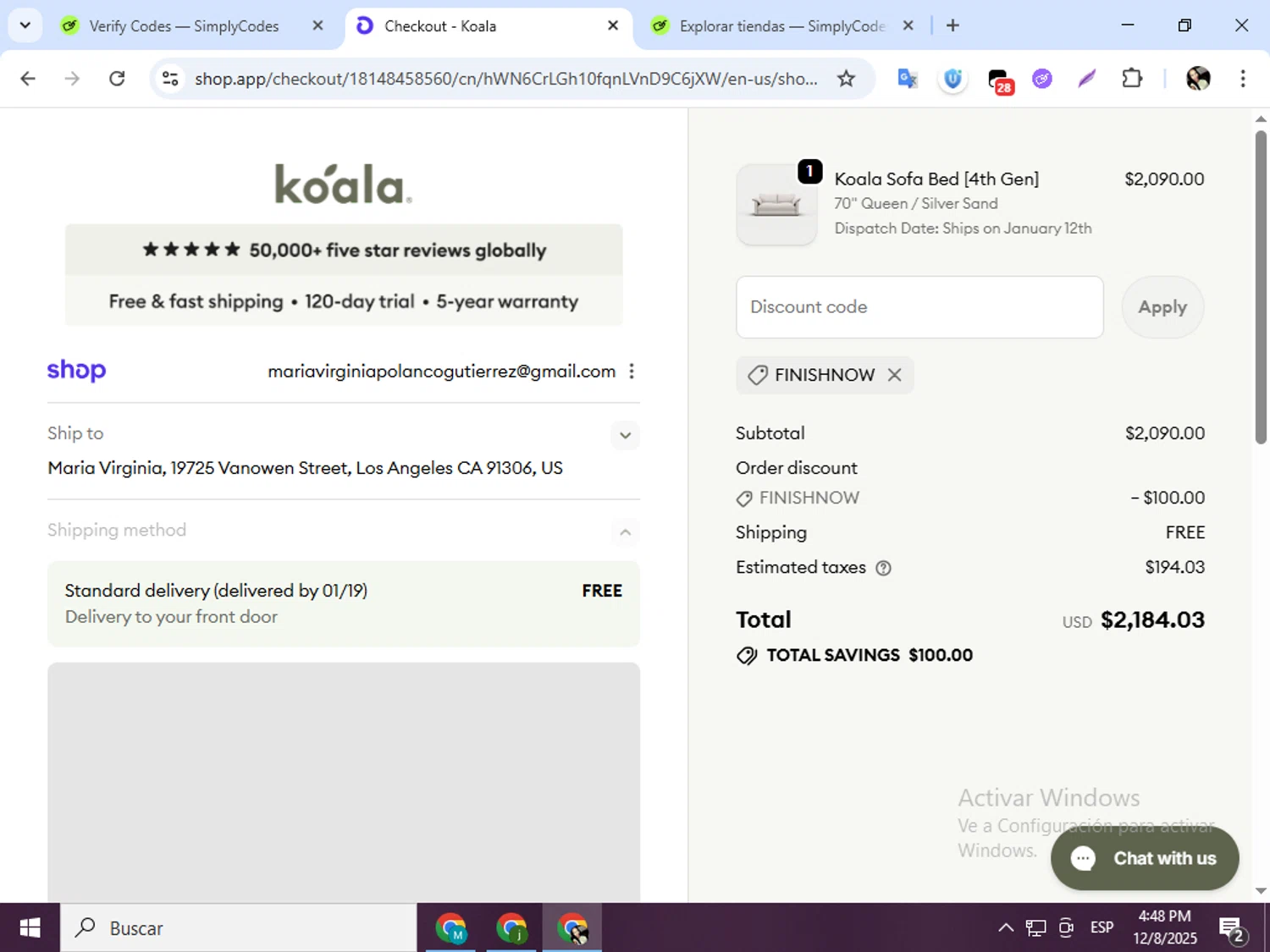 Koala US promo code screenshot showing code FINISHNOW applied at Koala US checkout page. Uploaded by SimplyCodes community member mariapolancog on Dec 8, 2025
