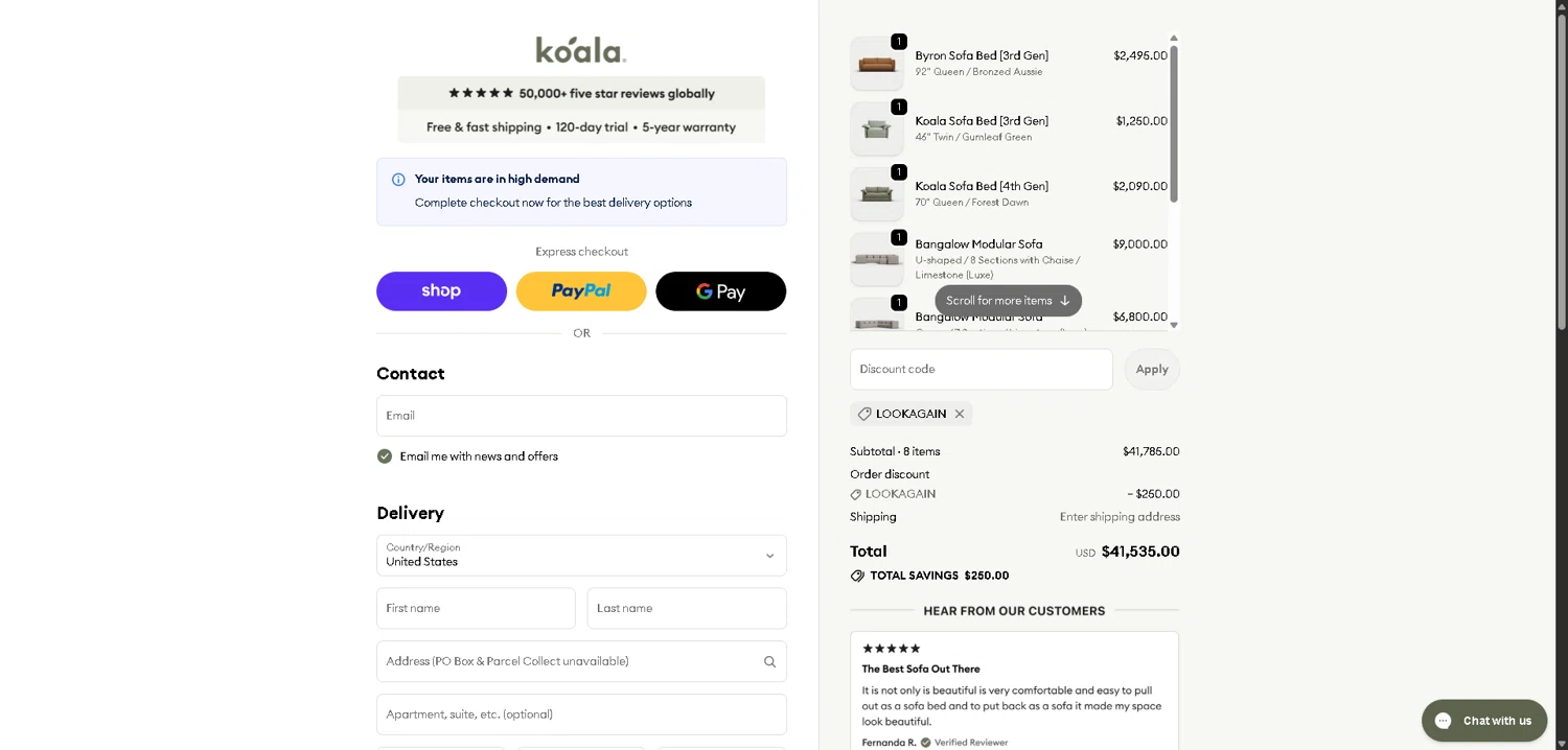 Koala US promo code screenshot showing code LOOKAGAIN applied at Koala US checkout page. Uploaded by SimplyCodes community member ExtraordinaryMaven3628 on Dec 8, 2025