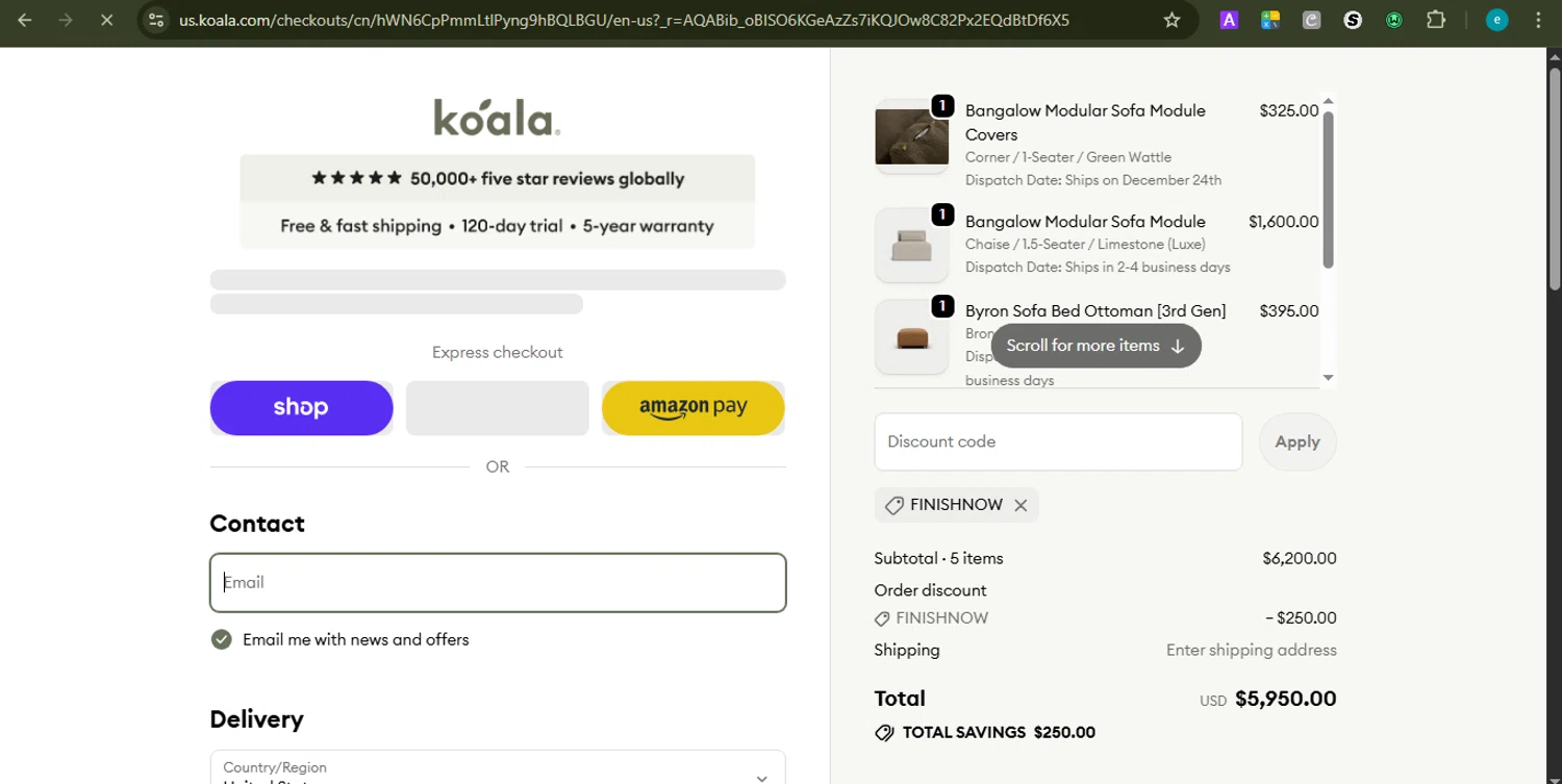 Koala US promo code screenshot showing code FINISHNOW applied at Koala US checkout page. Uploaded by SimplyCodes community member LOVECOUPON on Dec 8, 2025