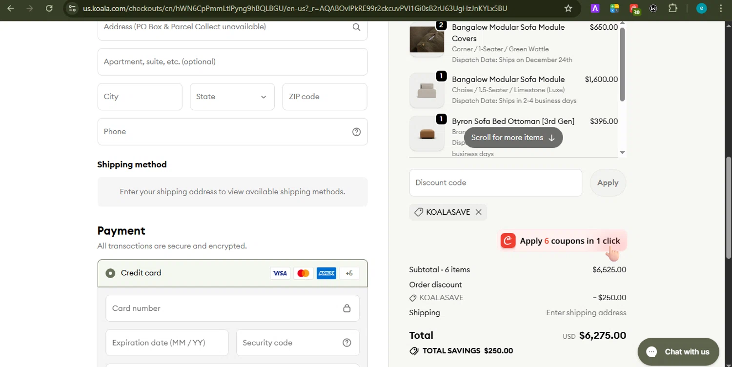 Koala US promo code screenshot showing code KOALASAVE applied at Koala US checkout page. Uploaded by SimplyCodes community member LOVECOUPON on Dec 9, 2025