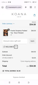 WELCOME10 coupon verification screenshot
