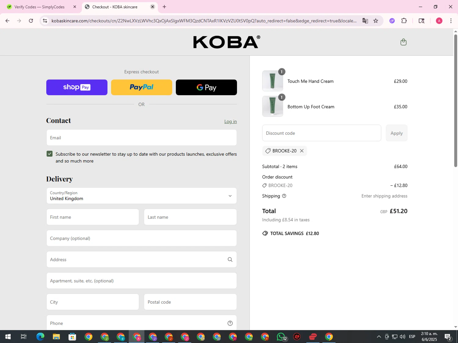 KOBA skincare promo code screenshot showing code BROOKE-20 applied at KOBA skincare checkout page. Uploaded by SimplyCodes community member CrownHawk3462 on Jun 6, 2025