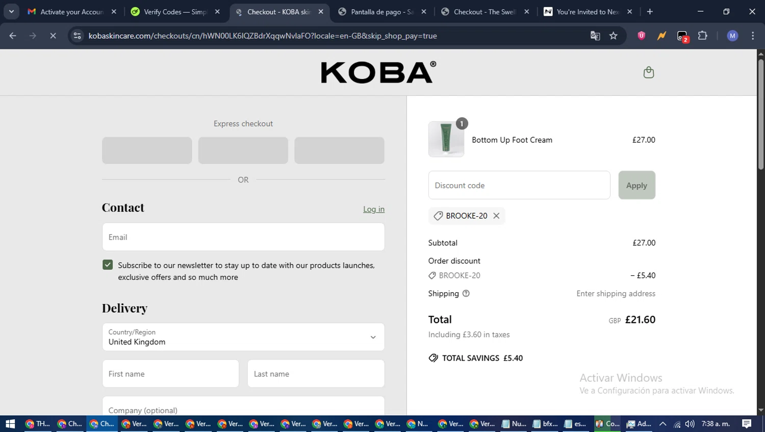 KOBA skincare promo code screenshot showing code BROOKE-20 applied at KOBA skincare checkout page. Uploaded by SimplyCodes community member PrimeFox5260 on Jun 28, 2025