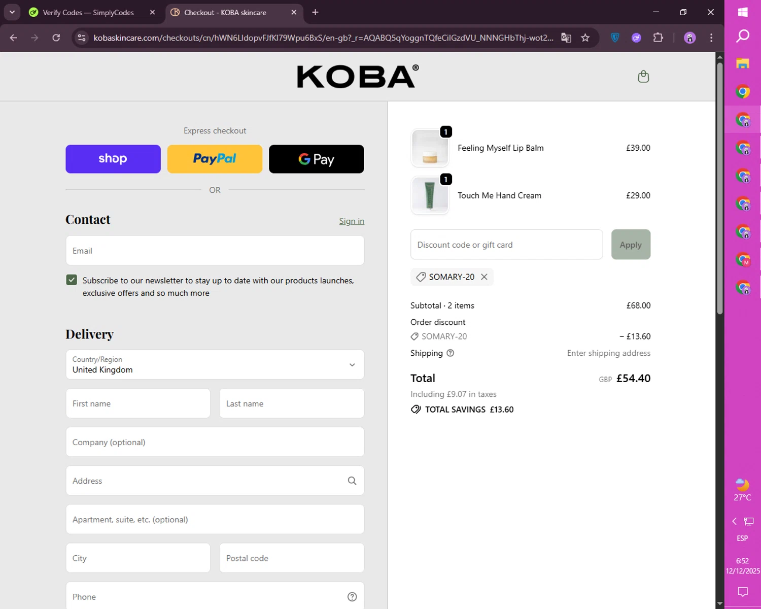 KOBA skincare promo code screenshot showing code SOMARY-20 applied at KOBA skincare checkout page. Uploaded by SimplyCodes community member CashSaver4711 on Dec 12, 2025