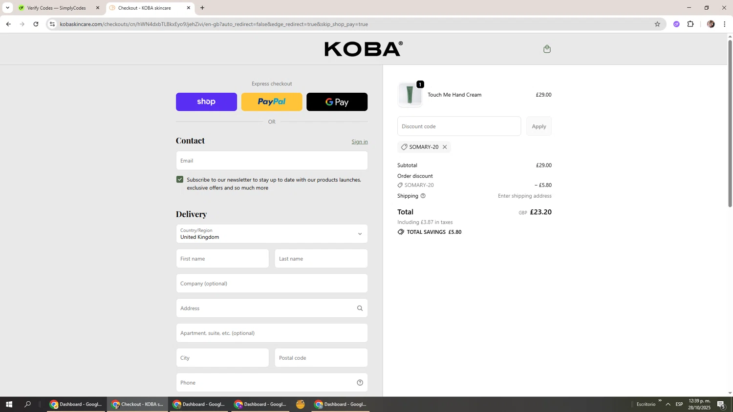 KOBA skincare promo code screenshot showing code SOMARY-20 applied at KOBA skincare checkout page. Uploaded by SimplyCodes community member Levi_Ackerman on Oct 28, 2025