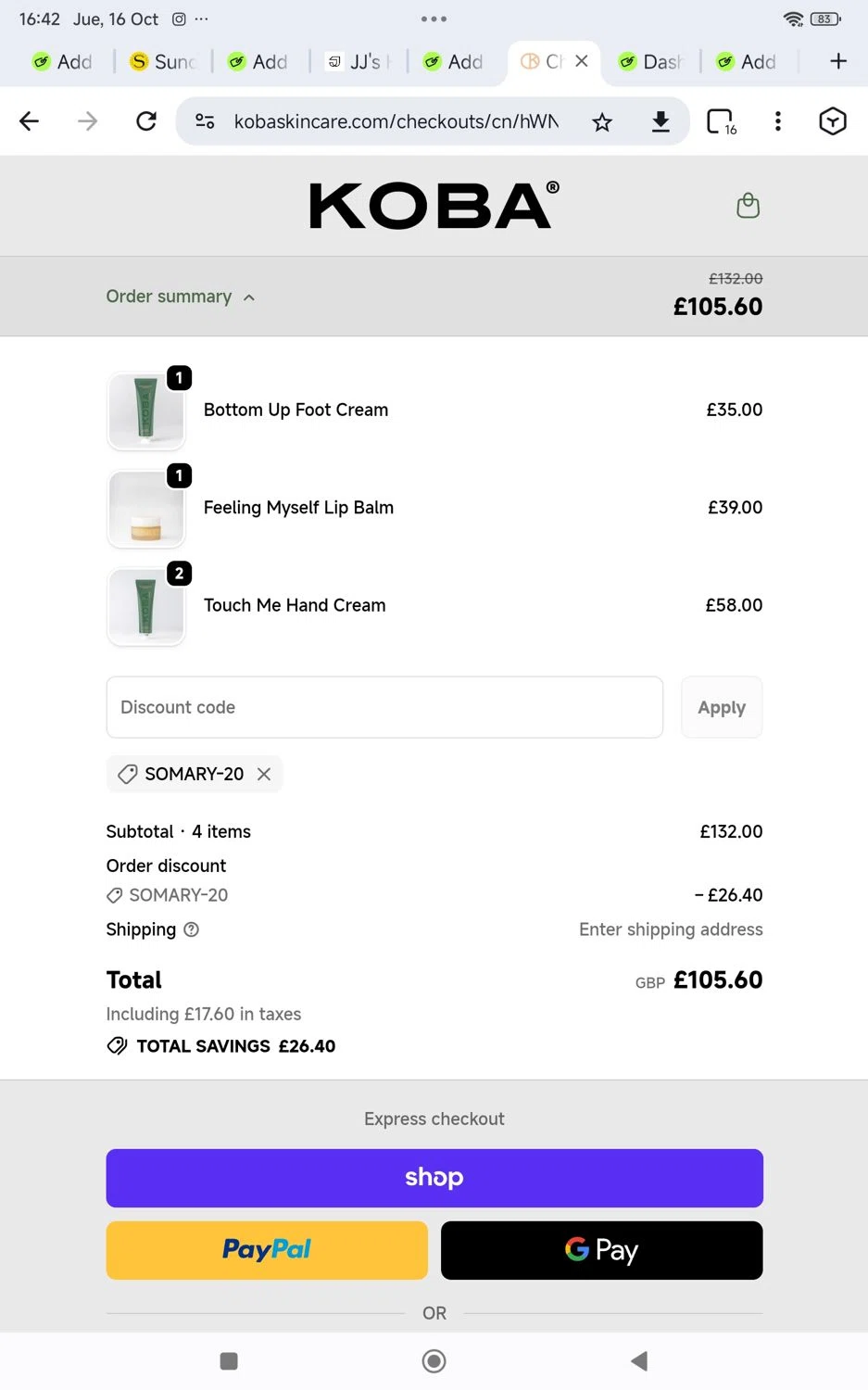 KOBA skincare promo code screenshot showing code SOMARY-20 applied at KOBA skincare checkout page. Uploaded by SimplyCodes community member KarinaHZ on Oct 16, 2025