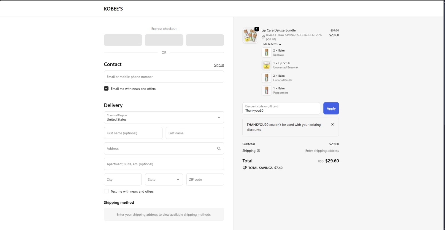 KOBEE'S coupon code screenshot showing code Thankyou20 applied at KOBEE'S checkout page. Uploaded by SimplyCodes community member brrrrr on Nov 27, 2025