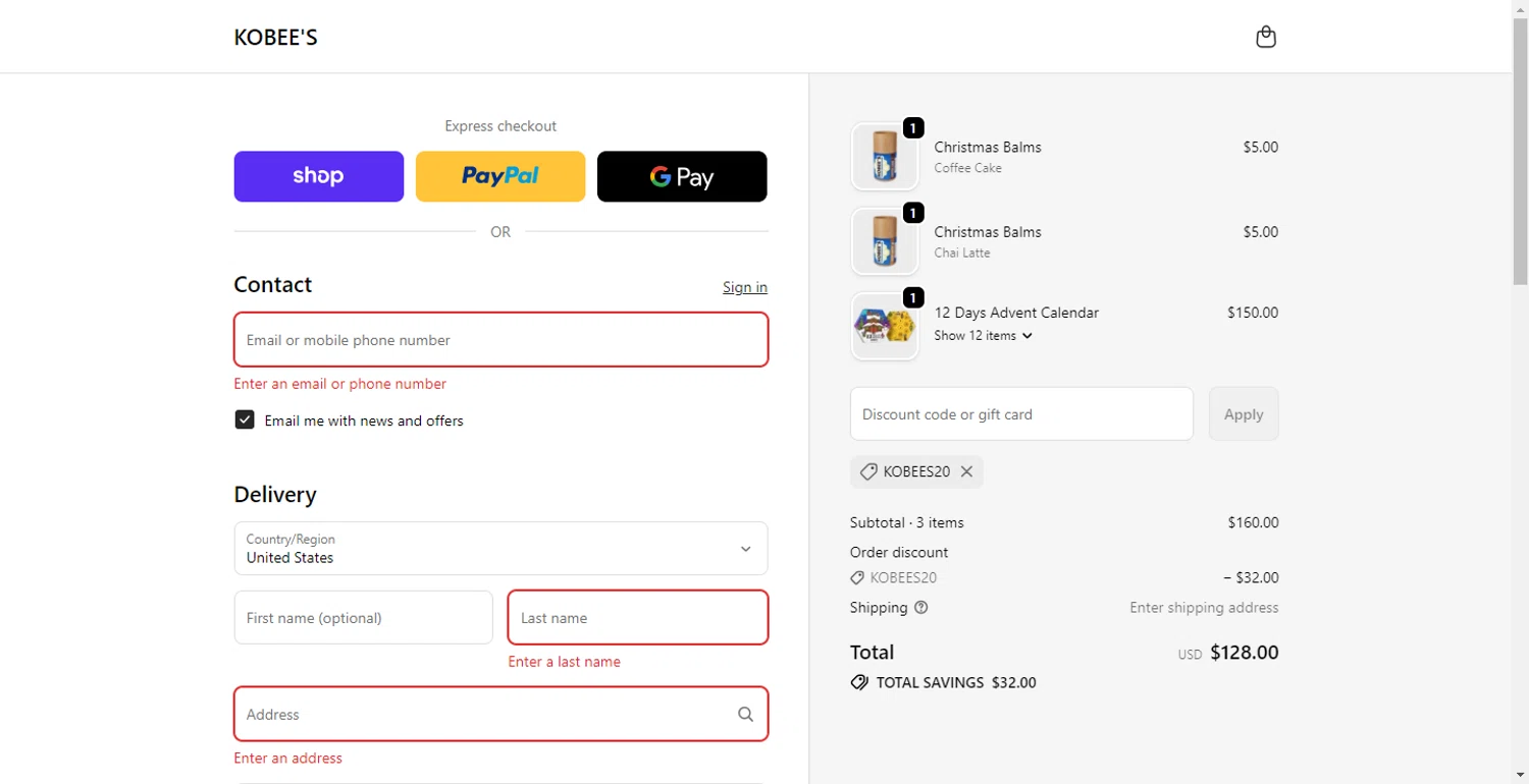 KOBEE'S coupon code screenshot showing code Kobees20 applied at KOBEE'S checkout page. Uploaded by SimplyCodes community member CodeFinder699 on Nov 6, 2025
