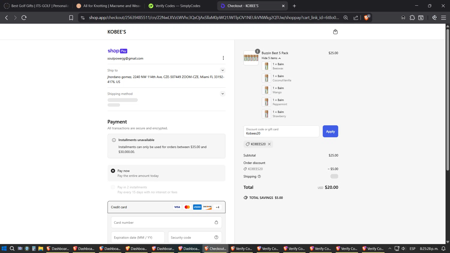 KOBEE'S coupon code screenshot showing code Kobees20 applied at KOBEE'S checkout page. Uploaded by SimplyCodes community member Shizuku on Jun 30, 2025