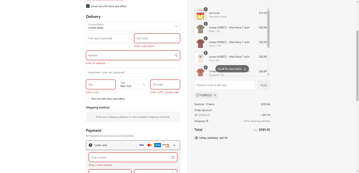 KOBEE'S coupon code screenshot showing code Kobees20 applied at KOBEE'S checkout page. Uploaded by SimplyCodes community member VoucherFinder2711 on Jun 29, 2025