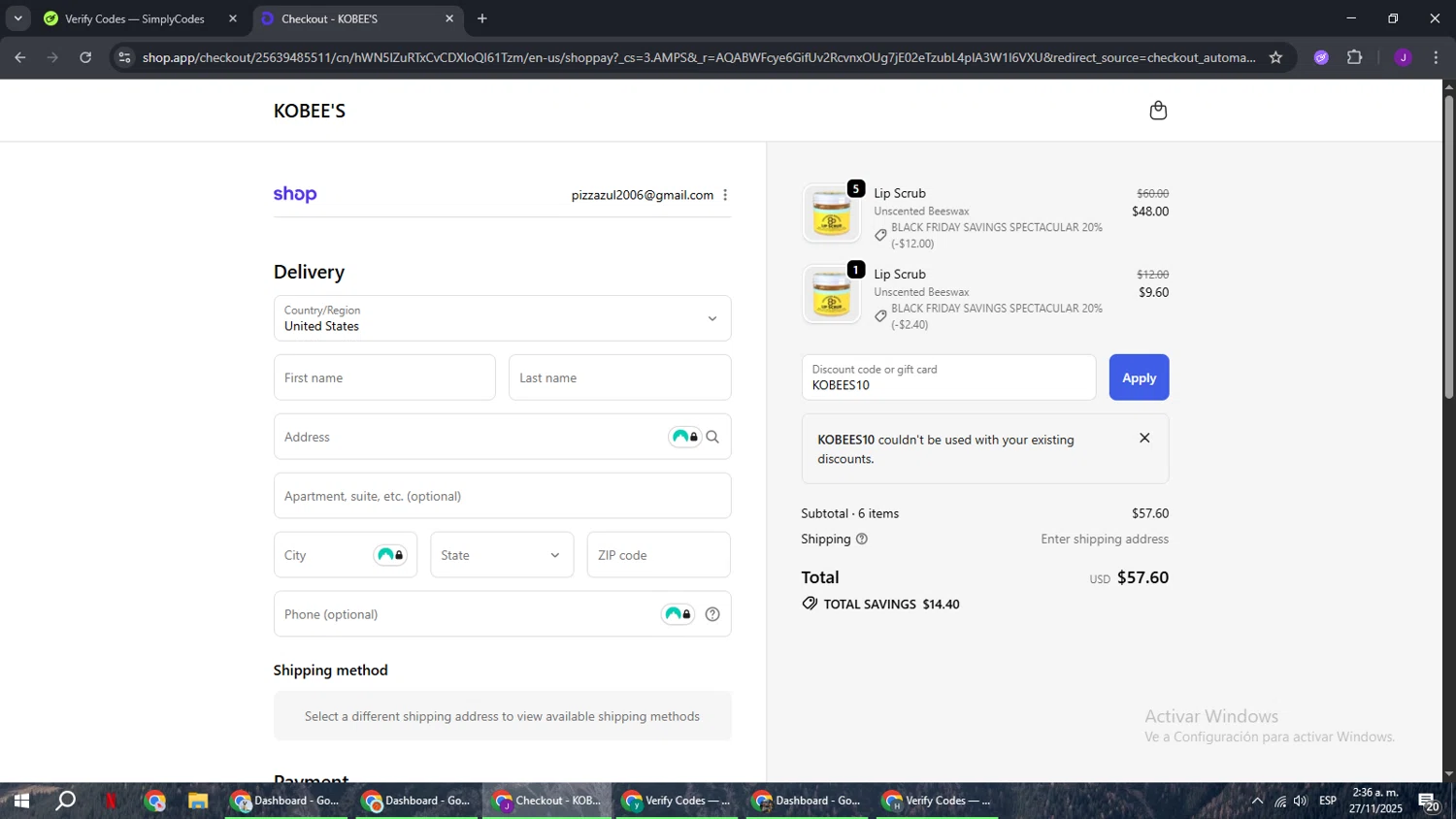 KOBEE'S coupon code screenshot showing code KOBEES10 applied at KOBEE'S checkout page. Uploaded by SimplyCodes community member ComeBurra123 on Nov 27, 2025