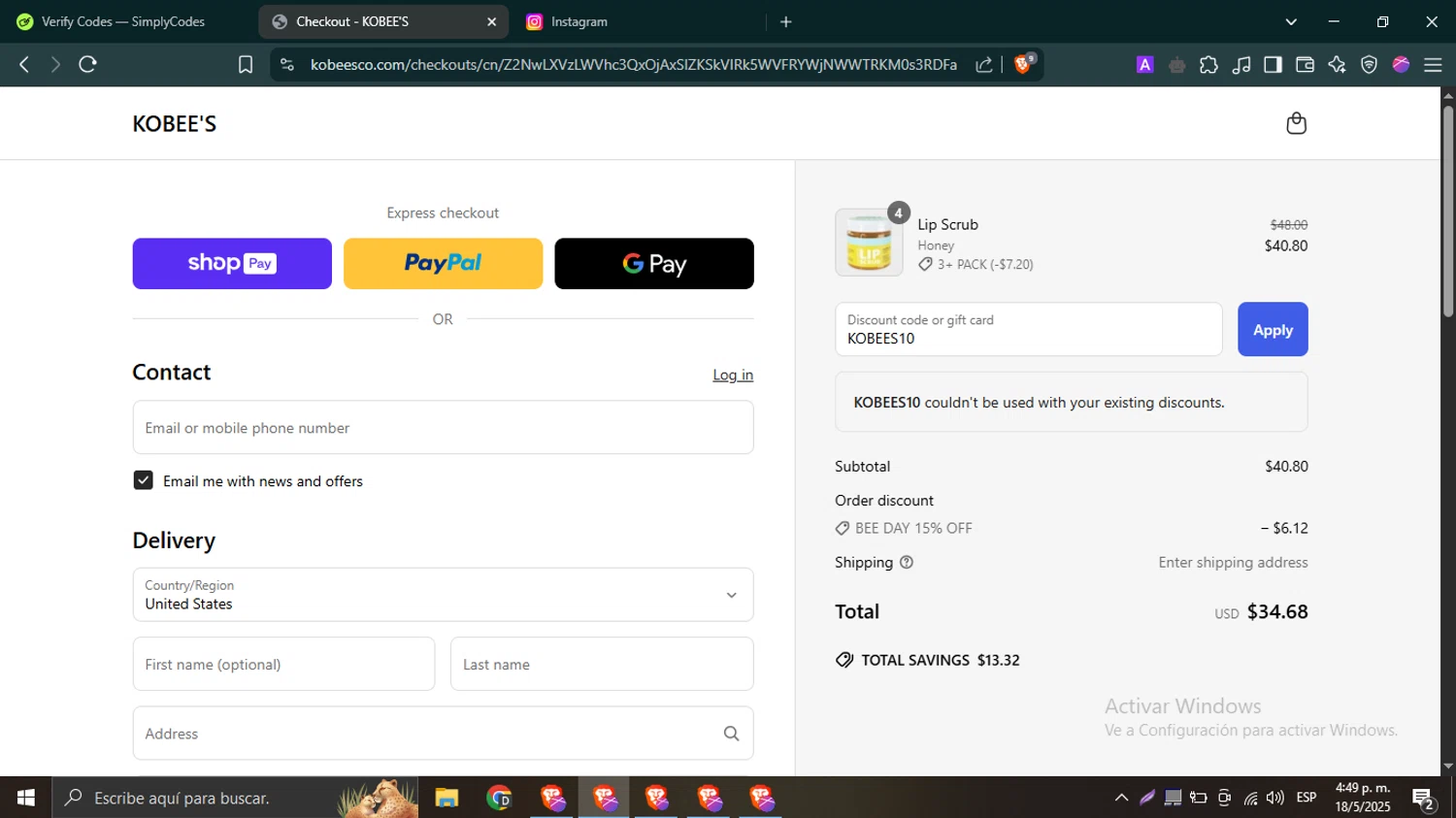 KOBEE'S coupon code screenshot showing code KOBEES10 applied at KOBEE'S checkout page. Uploaded by SimplyCodes community member SwiftTracker9305 on May 18, 2025