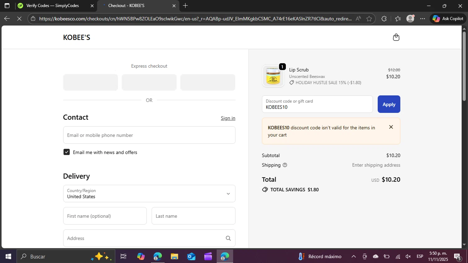 KOBEE'S coupon code screenshot showing code KOBEES10 applied at KOBEE'S checkout page. Uploaded by SimplyCodes community member swiftie on Nov 11, 2025