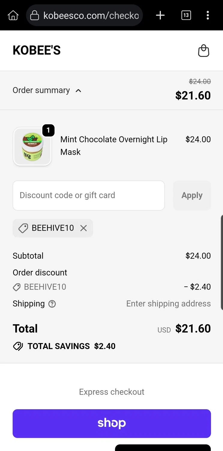 KOBEE'S coupon code screenshot showing code BEEHIVE10 applied at KOBEE'S checkout page. Uploaded by SimplyCodes community member Carloslvz on Dec 25, 2025
