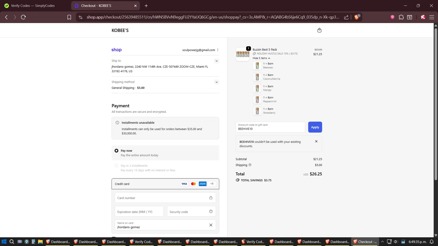 KOBEE'S coupon code screenshot showing code BEEHIVE10 applied at KOBEE'S checkout page. Uploaded by SimplyCodes community member JhonatanGomez on Nov 11, 2025