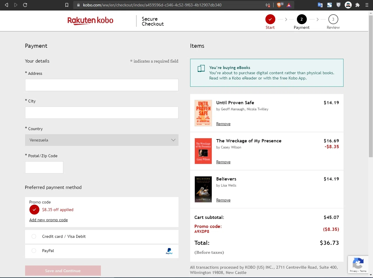 Rakuten Kobo eReader Store checkout page showing Rakuten Kobo eReader Store promo code box | Screenshot taken by SimplyCodes community member on Jul 25, 2021
