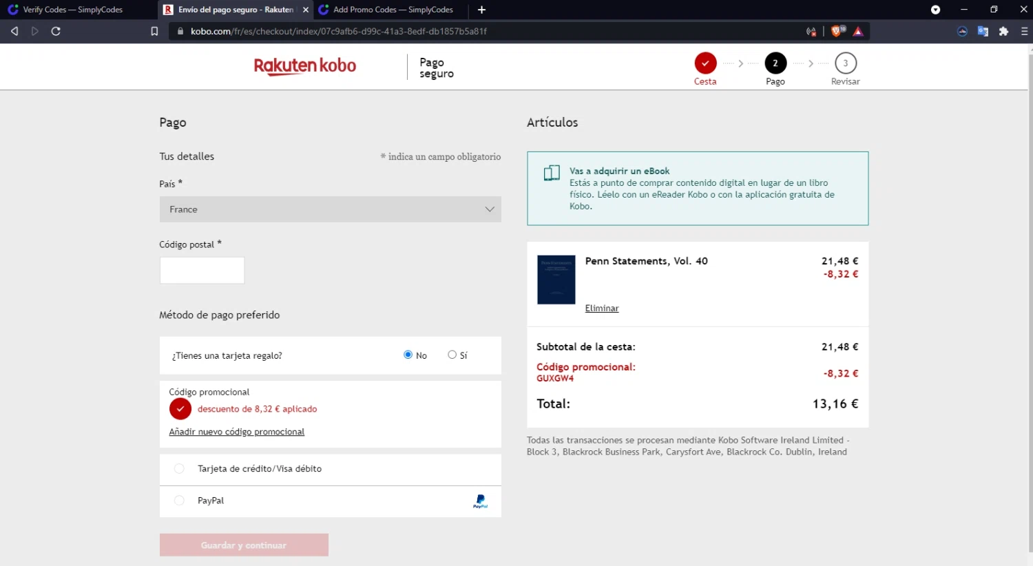 Rakuten Kobo eReader Store checkout page showing Rakuten Kobo eReader Store promo code box | Screenshot taken by SimplyCodes community member on Nov 15, 2021