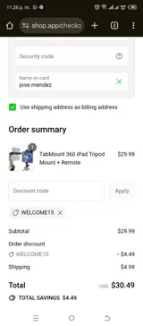 WELCOME15 coupon verification screenshot