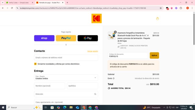 Kodak Photo Printer checkout page showing Kodak Photo Printer promo code box | Screenshot taken by SimplyCodes community member on Sep 3, 2025