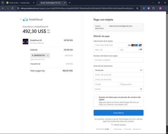 KodeKloud checkout page showing KodeKloud promo code box | Screenshot taken by SimplyCodes community member on Aug 10, 2025