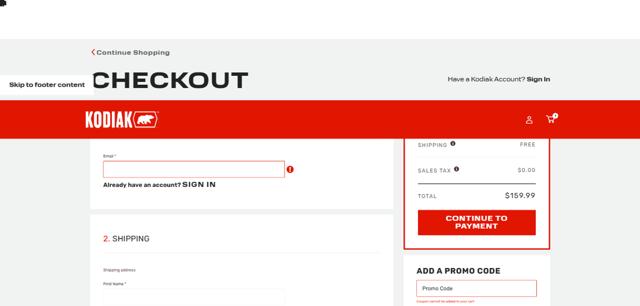 Kodiak Boots checkout page showing Kodiak Boots promo code box | Screenshot taken by SimplyCodes community member on Jan 28, 2025
