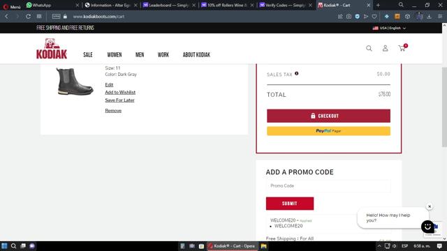 Kodiak Boots checkout page showing Kodiak Boots promo code box | Screenshot taken by SimplyCodes community member on May 26, 2023