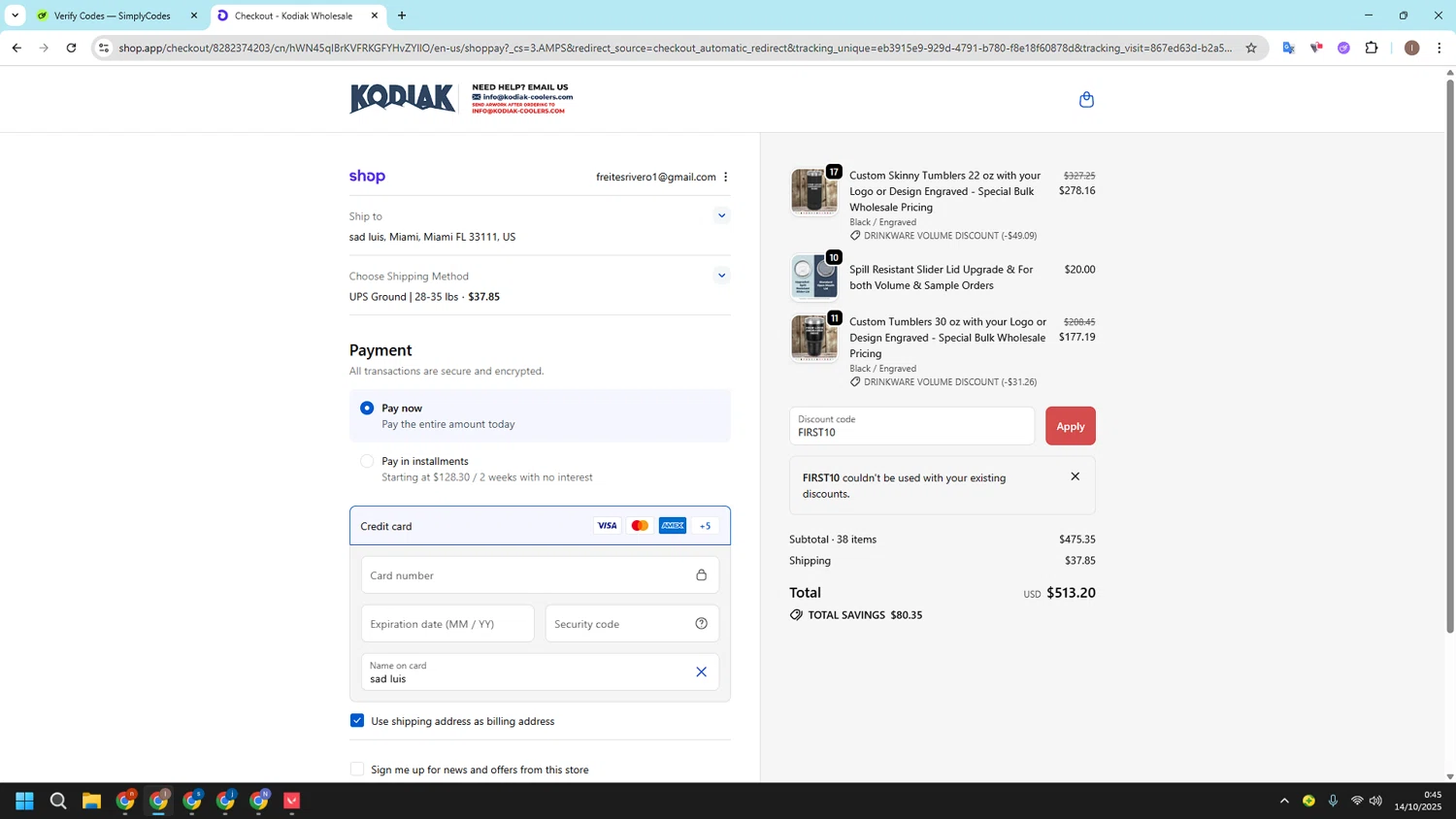 Kodiak Wholesale discount code screenshot showing code FIRST10 applied at Kodiak Wholesale checkout page. Uploaded by SimplyCodes community member CashSleuth106 on Oct 14, 2025