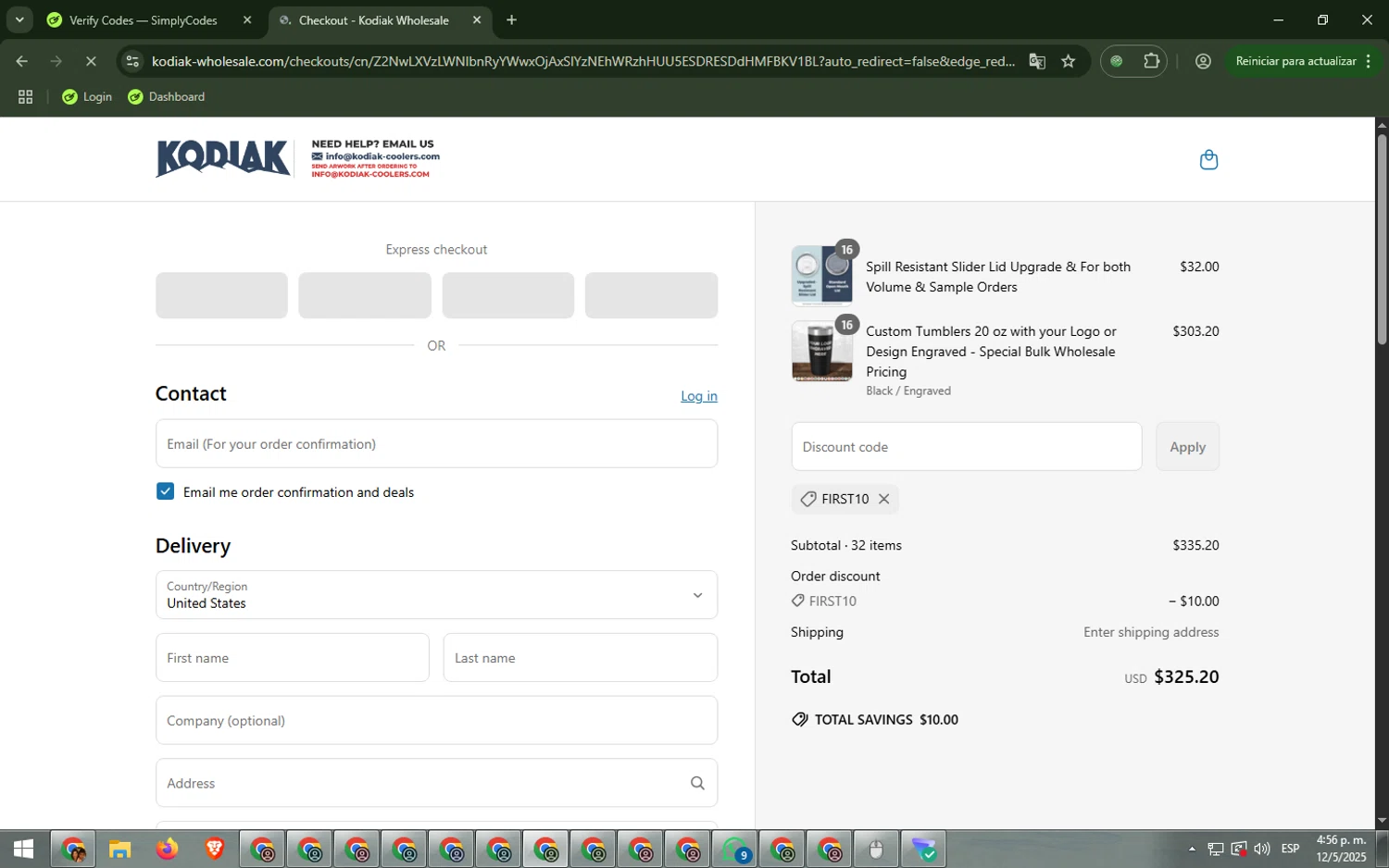 Kodiak Wholesale discount code screenshot showing code FIRST10 applied at Kodiak Wholesale checkout page. Uploaded by SimplyCodes community member ValueMaven2223 on May 12, 2025