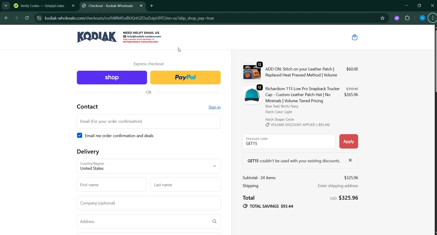 Kodiak Wholesale discount code screenshot showing code GET15 applied at Kodiak Wholesale checkout page. Uploaded by SimplyCodes community member GoldAdmiral5202 on Oct 14, 2025