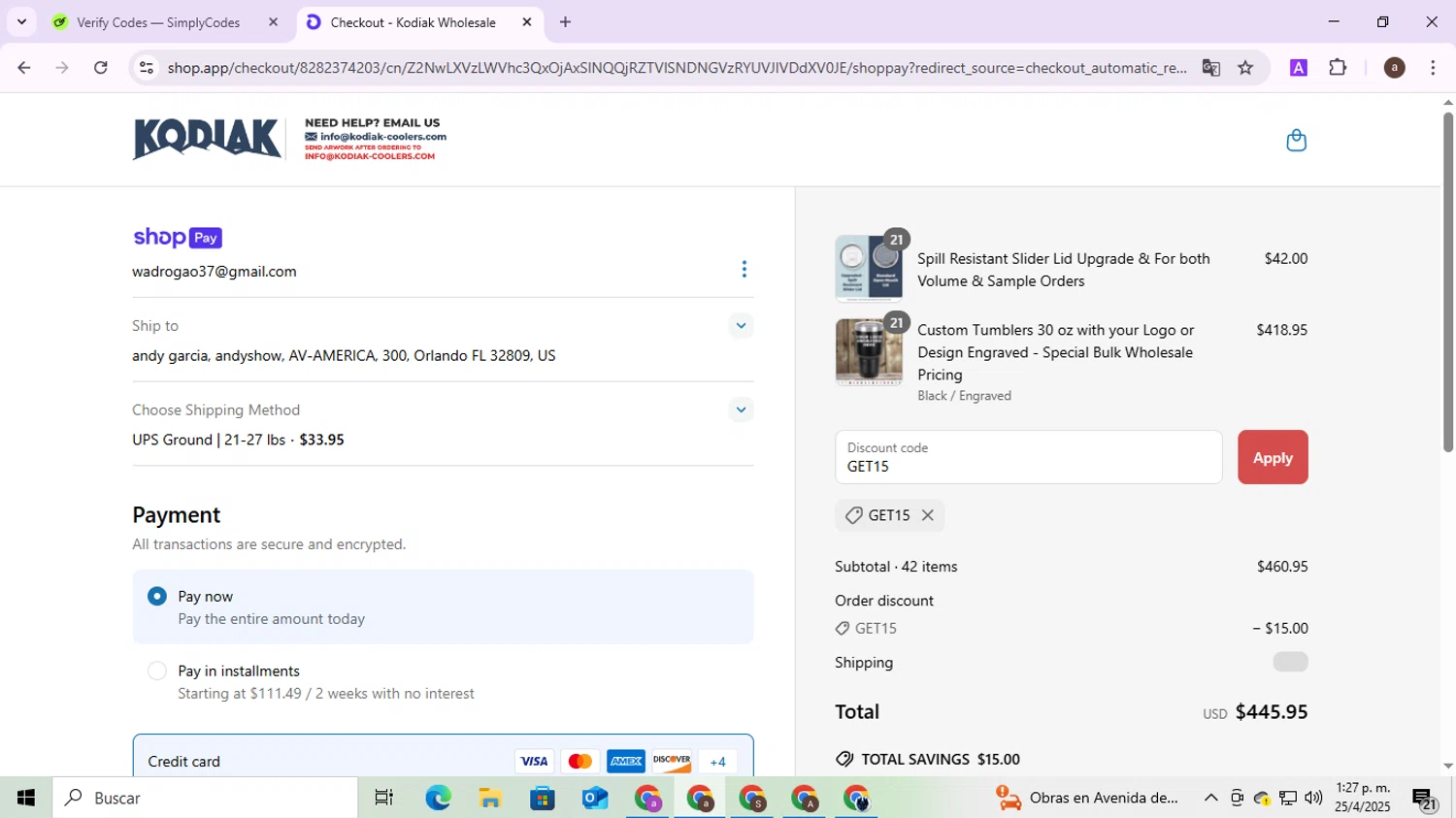Kodiak Wholesale discount code screenshot showing code GET15 applied at Kodiak Wholesale checkout page. Uploaded by SimplyCodes community member CodeMaverick246 on Apr 25, 2025