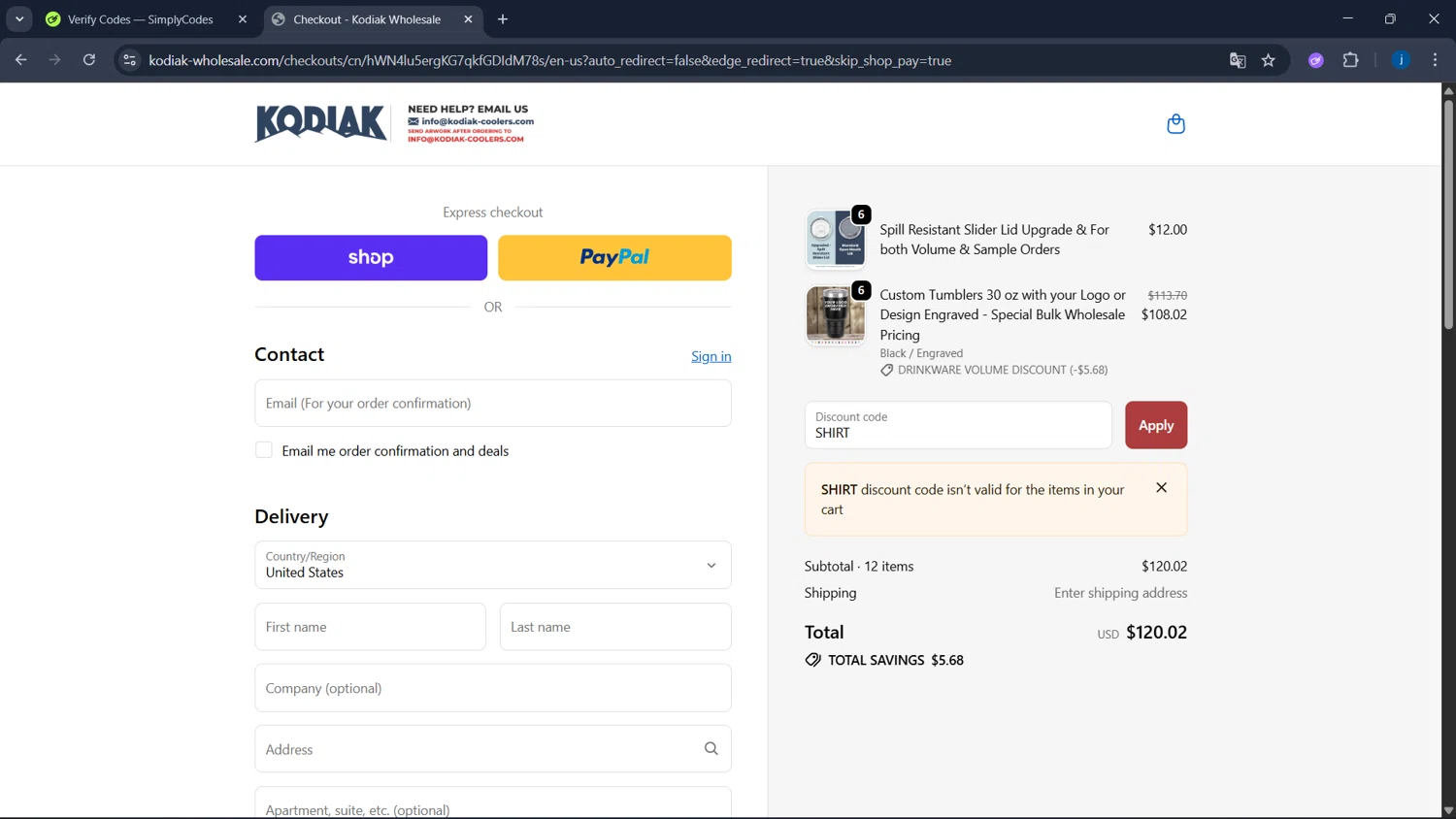 Kodiak Wholesale discount code screenshot showing code SHIRT applied at Kodiak Wholesale checkout page. Uploaded by SimplyCodes community member CodeSaver4373 on Nov 1, 2025