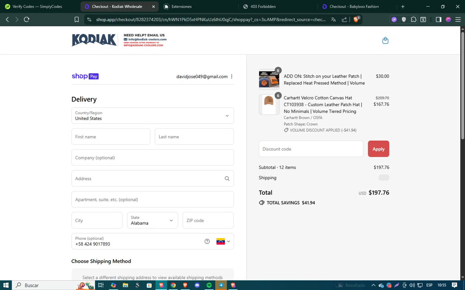 Kodiak Wholesale discount code screenshot showing code SHIRT applied at Kodiak Wholesale checkout page. Uploaded by SimplyCodes community member SmartSaver5448 on Aug 4, 2025