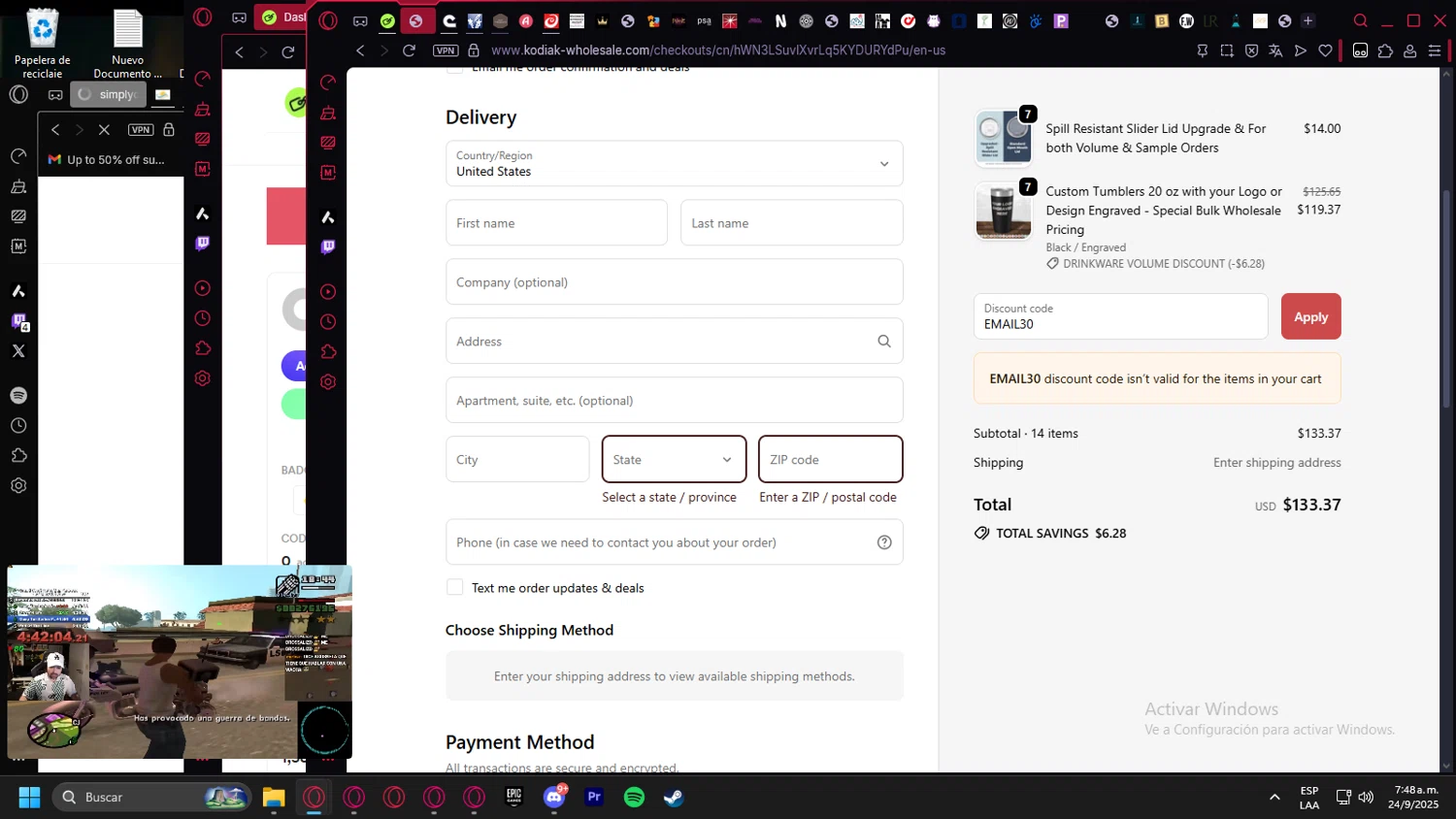 Kodiak Wholesale discount code screenshot showing code EMAIL30 applied at Kodiak Wholesale checkout page. Uploaded by SimplyCodes community member Billyyou on Sep 24, 2025