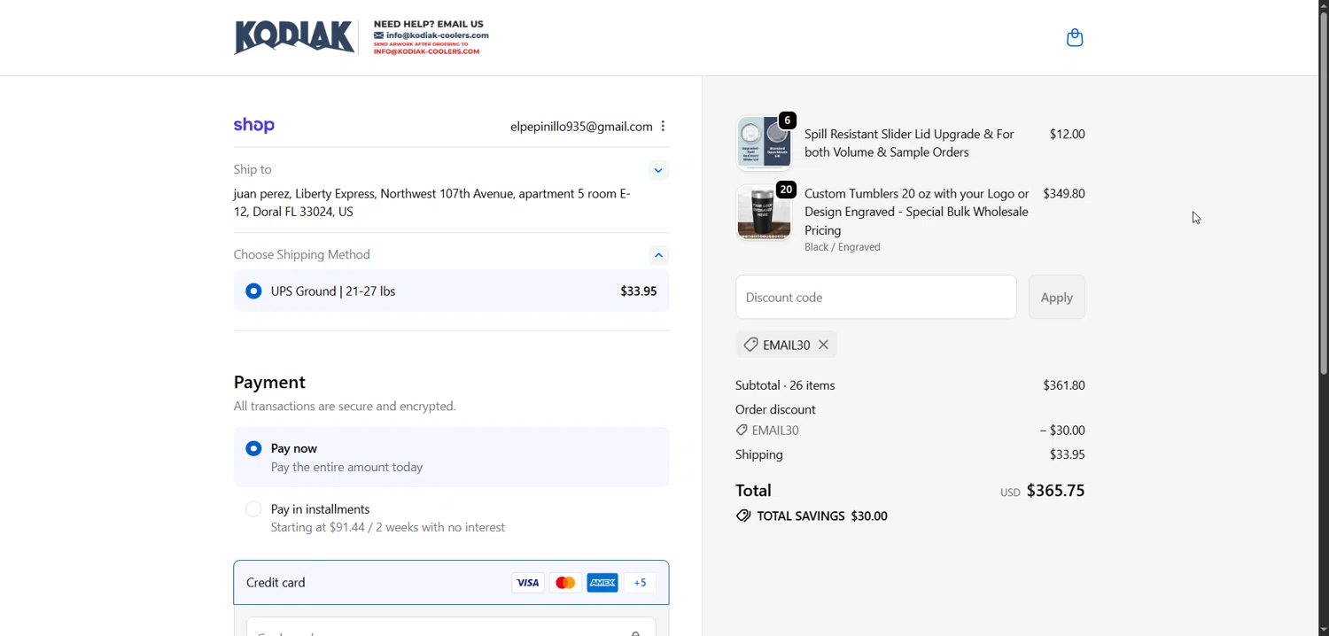 Kodiak Wholesale discount code screenshot showing code EMAIL30 applied at Kodiak Wholesale checkout page. Uploaded by SimplyCodes community member Enmanuel99 on Nov 29, 2025