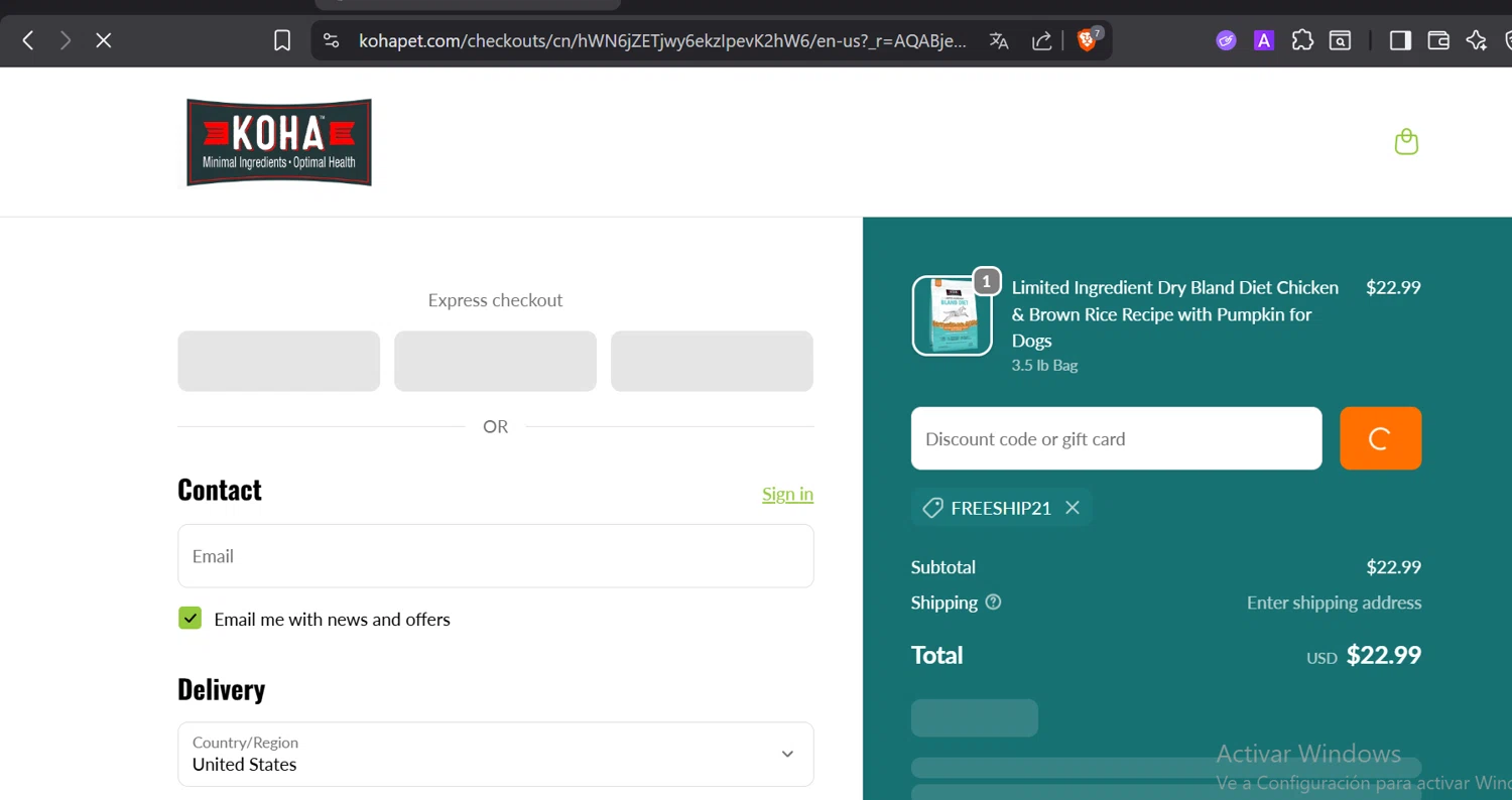 Koha Pet discount code screenshot showing code freeship21 applied at Koha Pet checkout page. Uploaded by SimplyCodes community member CoinOwl5103 on Dec 22, 2025
